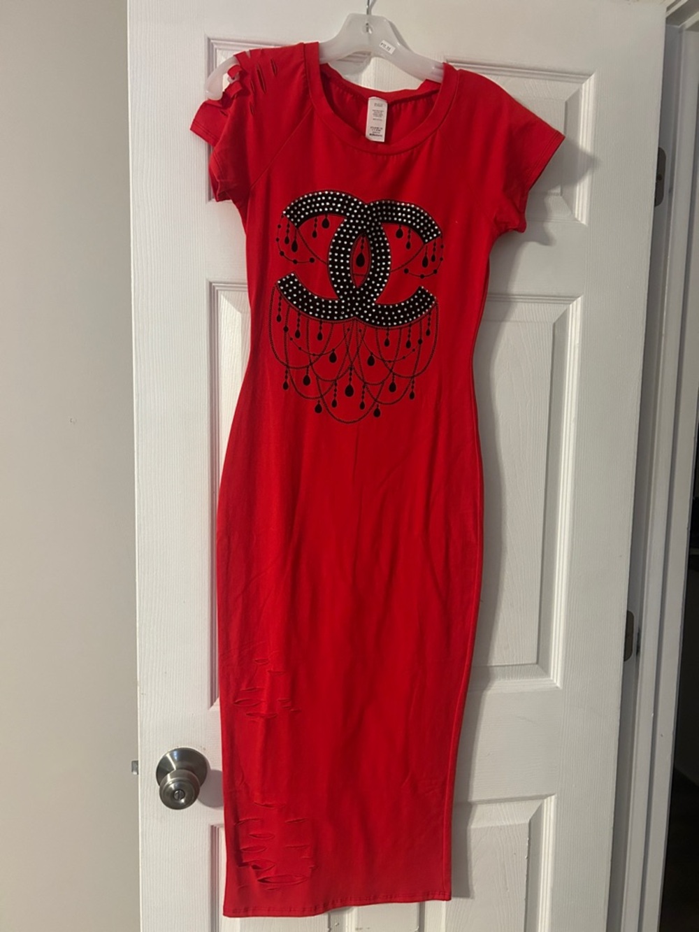 Red Graphic Midi Dress with Black Jewel-Style Logo
